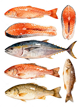 水彩鱼群插画素材