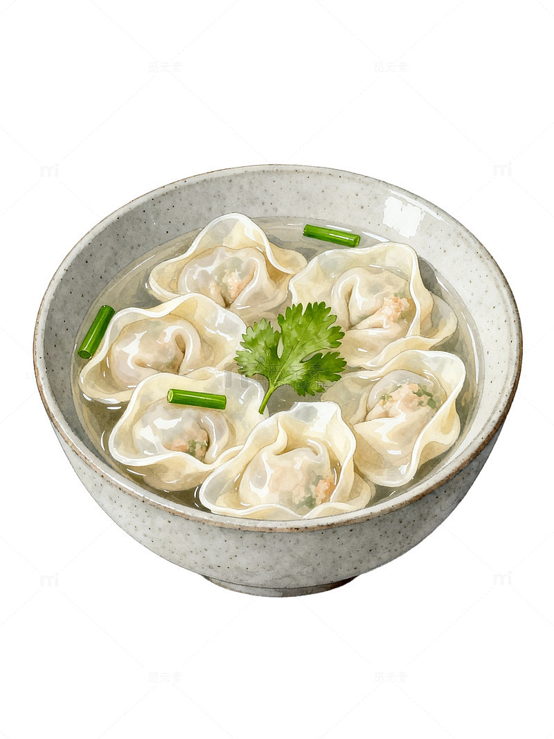 水彩馄饨配香菜