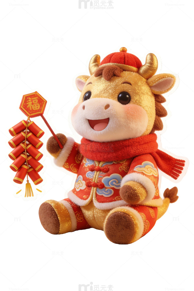 喜庆牛年吉祥物毛绒玩具鞭炮