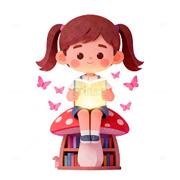 卡通女孩阅读蘑菇插画素材