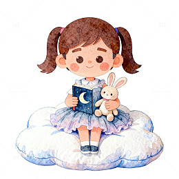 卡通女孩云朵阅读插画