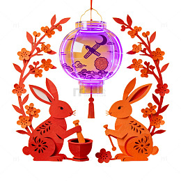 剪纸风中秋节兔灯装饰素材