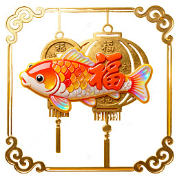 金色福字鱼装饰挂件设计