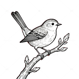 黑白插画小鸟树枝