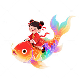 卡通女孩骑鱼锦鲤喜庆新年插画