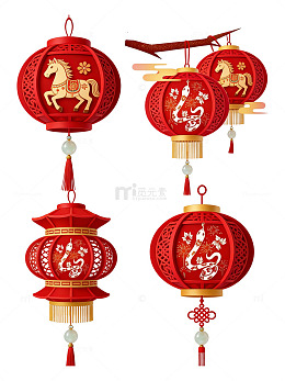 中国传统红色剪纸灯笼设计素材