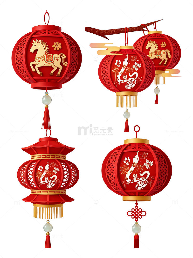 中国传统红色剪纸灯笼设计素材
