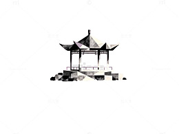 水墨亭台粉色背景图