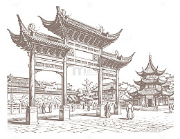 古风牌坊建筑线描画稿