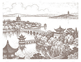 水墨江南园林景观线描图