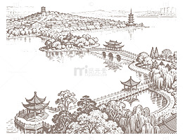 中国传统园林景观线描图
