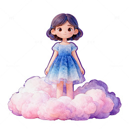 卡通女孩云朵梦幻插画