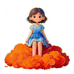 卡通风格小女孩坐花图案