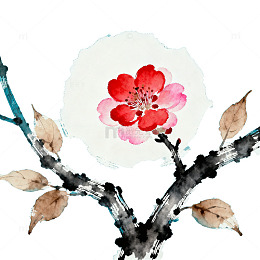 水墨画红花树枝图案设计素材