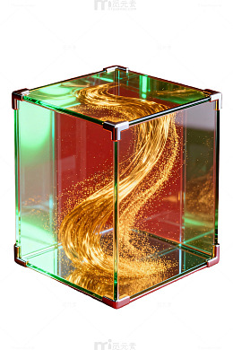 透明立方体内部金色漩涡装饰