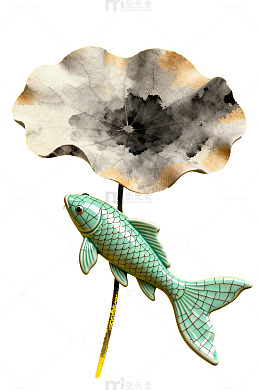 水墨鱼与荷叶插画