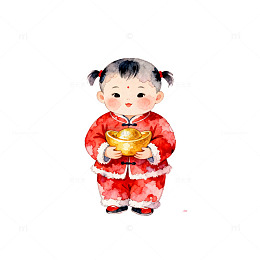 春节喜庆卡通金元宝小女孩插画