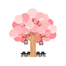 樱花树灯笼插画设计图