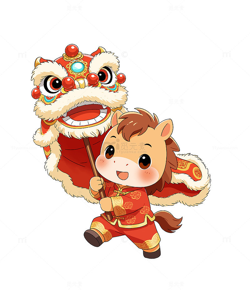 2026卡通马年舞狮春节新年庆祝贺岁插画