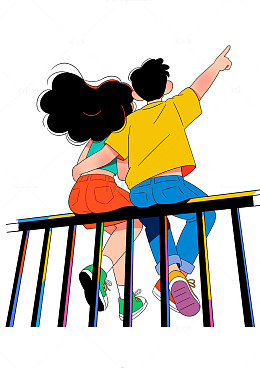 卡通情人节情侣爱情浪漫观景背影插画