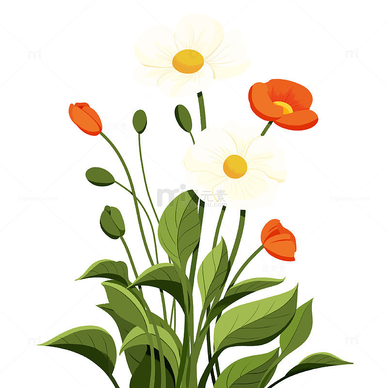 春天卡通花草组合插画素材