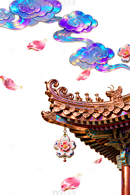 古典建筑插画云彩花朵装饰