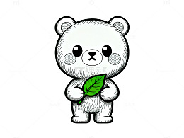 卡通白熊绿叶插画