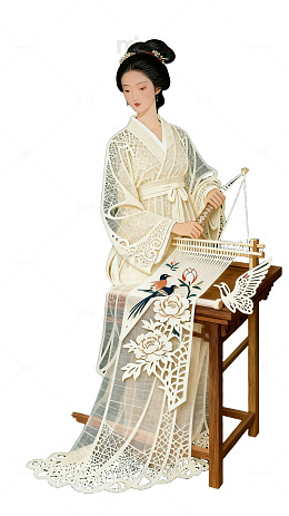 古风女子织布摄影图片