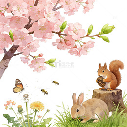 春日樱花松鼠兔兔插画