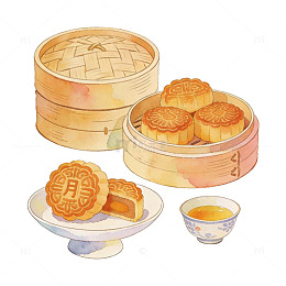 水彩月饼美食插画设计素材