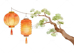 水彩灯笼松树节日插画