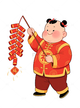 春节喜庆娃娃放鞭炮插画