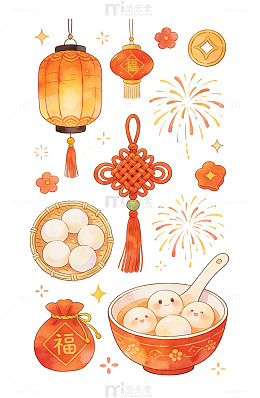 水彩中国风春节喜庆元素插画