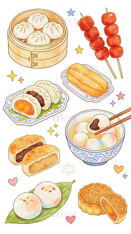 水彩美食插画亚洲小吃集合