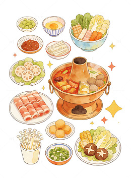 卡通风火锅美食插画设计素材