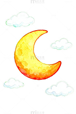 水彩月亮云朵儿童画