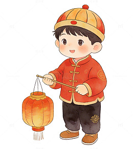 新年卡通男孩提灯笼插画