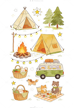森林露营卡通插画素材
