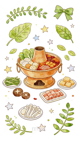 水彩火锅美食手账插画设计素材