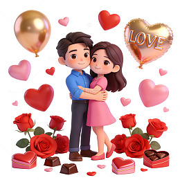 卡通情侣拥抱浪漫场景插画