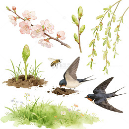 水彩春季自然元素插画