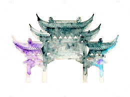 中国古风牌坊水彩画