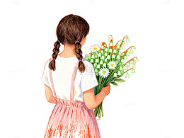 插画风格小女孩捧花