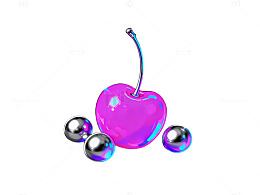3D粉紫樱桃与金属球艺术图