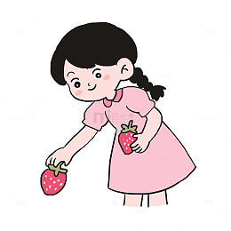 女孩摘草莓手绘卡通元素