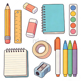 卡通风文具铅笔笔记本彩笔插画素材