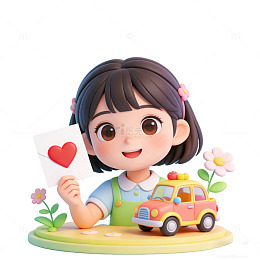 卡通小女孩玩具车爱心卡片