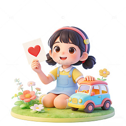 卡通女孩玩具车爱心卡片