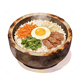 水彩石锅拌饭美食插画