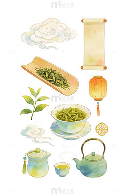 水彩风茶艺元素插画设计素材